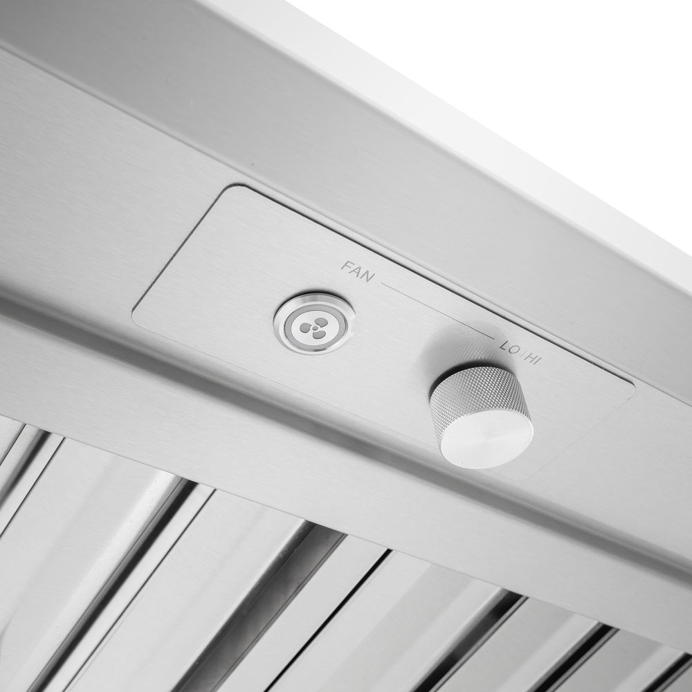 Control panel of a ProlineRangeHoods.com PLGW WC BBQ HE range hood with a fan button and speed adjustment knob.