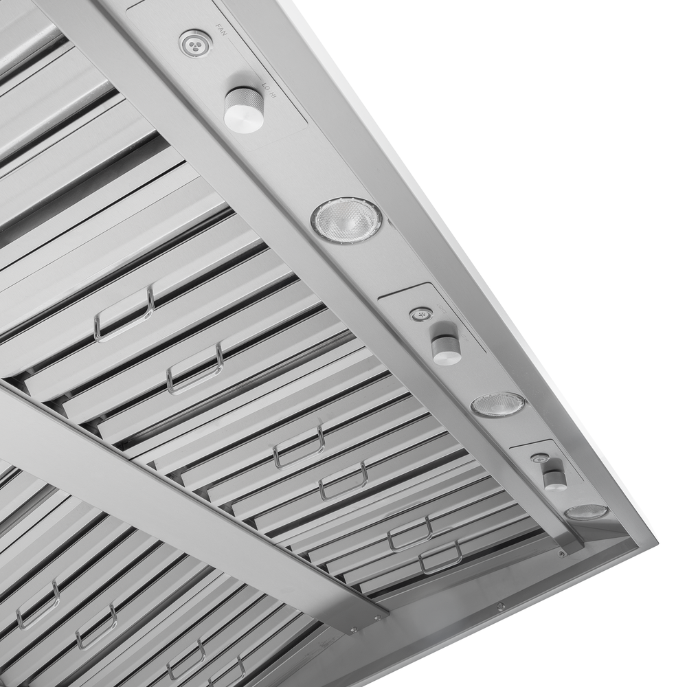 Underside of a Proline Range Hoods PLGW WC BBQ HE with filters, lights, and knobs at ProlineRangeHoods.com.