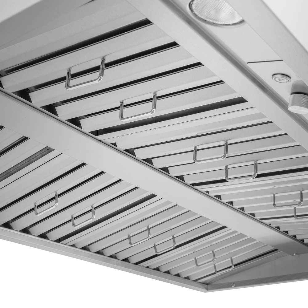 Underside of a Proline Range Hoods PLGW WC BBQ HE, baffle filters, handles, LED light. ProlineRangeHoods.com.