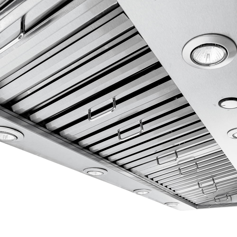 ProlineRangeHoods.com PLJW 104 stainless range hood, shown from below with lights and dishwasher-safe filters.