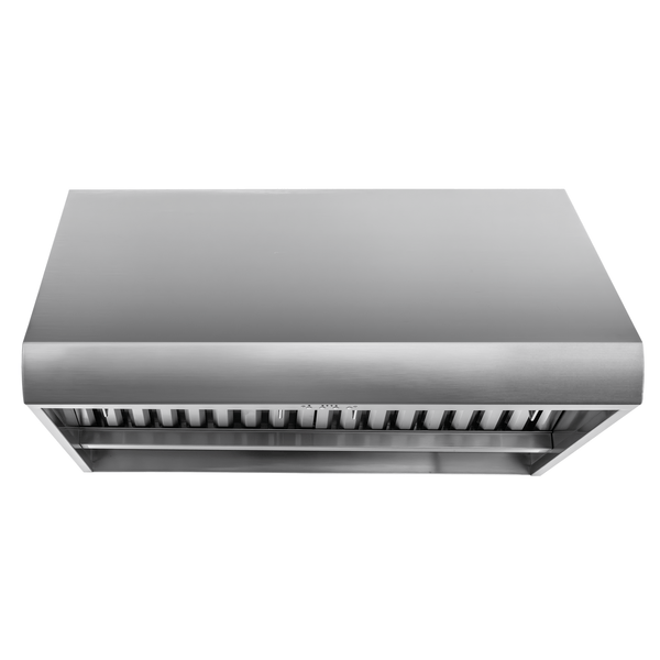 Proline PLJW 109 Wall-Mounted Range Hood, stainless steel, top view; 1000/2000 CFM. ProlineRangeHoods.com.