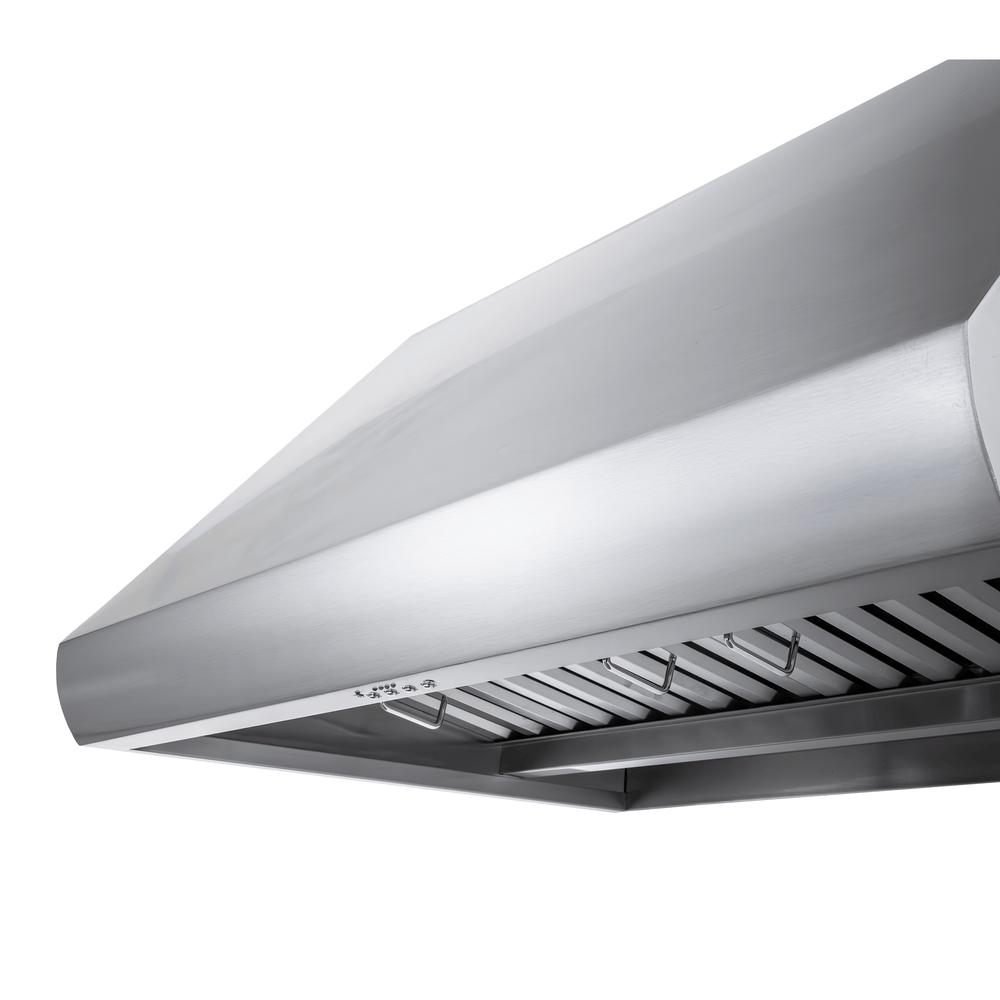 Proline PLJW 109 Wall-Mounted Range Hood in stainless steel, slatted filter, ProlineRangeHoods.com, low angle.