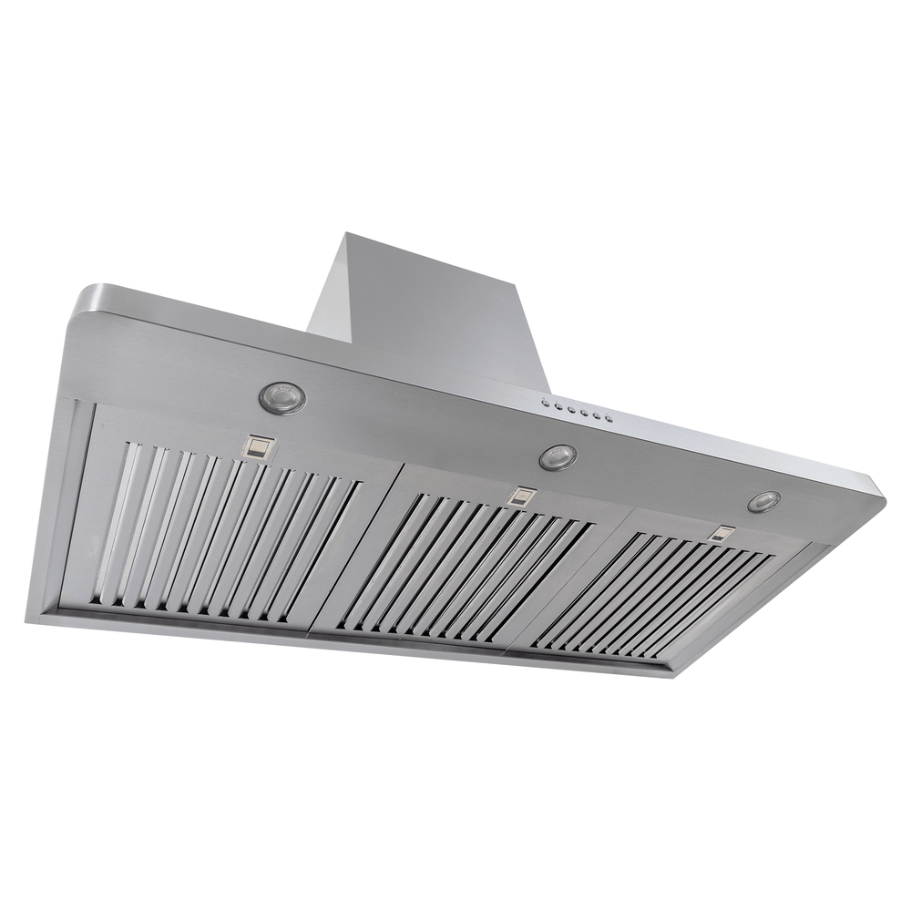 Proline PLJW 129 wall range hood with stainless finish, 900/1200 CFM blower, vent slats, lights—ProlineRangeHoods.com.