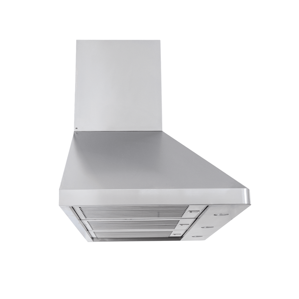 Proline PLJW 129 stainless range hood with angular design, 900/1200 CFM blower. ProlineRangeHoods.com, white background.