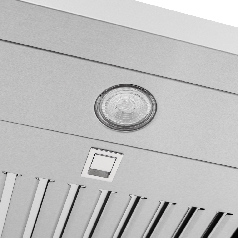 Close-up of Proline PLJW 185 slim range hood, steel finish, dual 600 CFM blowers, on ProlineRangeHoods.com.