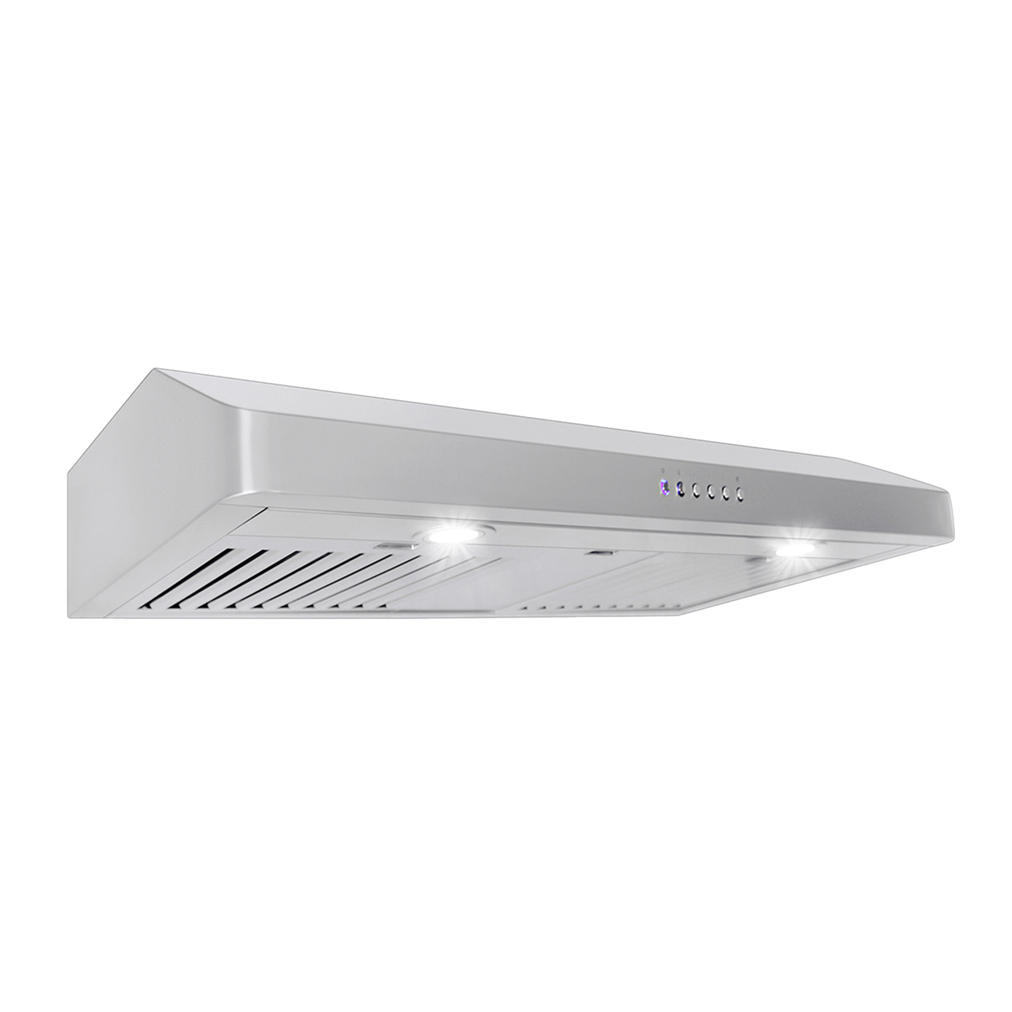 The Proline Range Hoods 30-36 inch Under-Cabinet Range Hood, model PLJW 185 Slim, at ProlineRangeHoods.com features a stainless steel finish with dual blowers delivering 600 CFM, built-in lights, and front control buttons. Ducted but convertible to ductless for flexible installation.