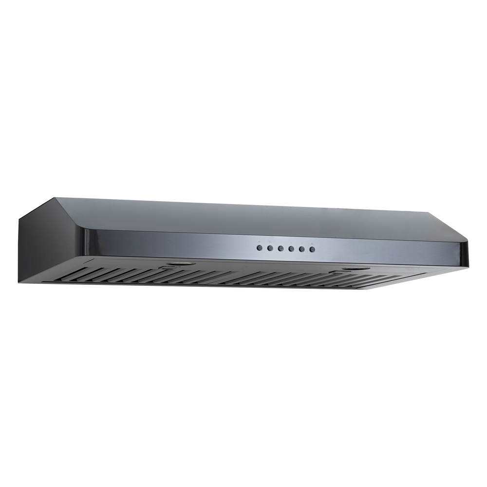 Proline PLJW 185 slim under-cabinet range hood, 600 CFM, stainless steel; vent slats, front controls. ProlineRangeHoods.com.