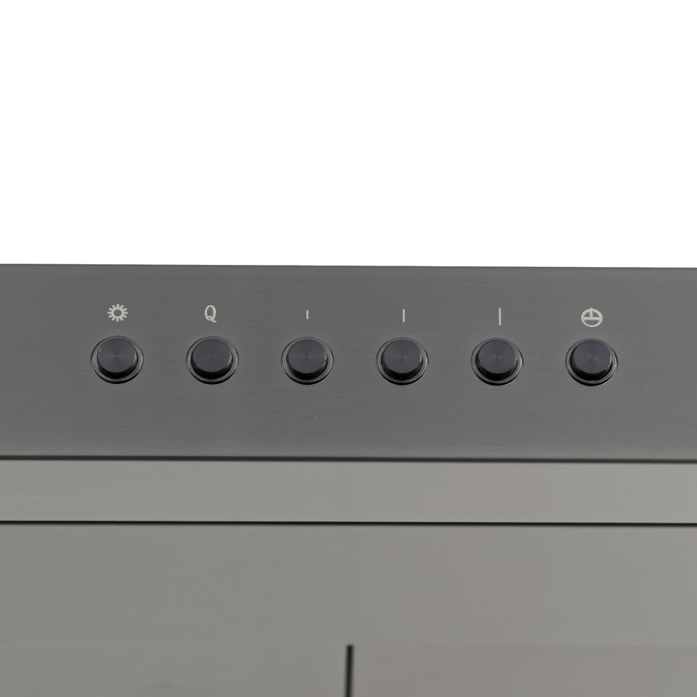 Six black buttons on Proline PLJW 185 slim stainless range hood, white background. ProlineRangeHoods.com.
