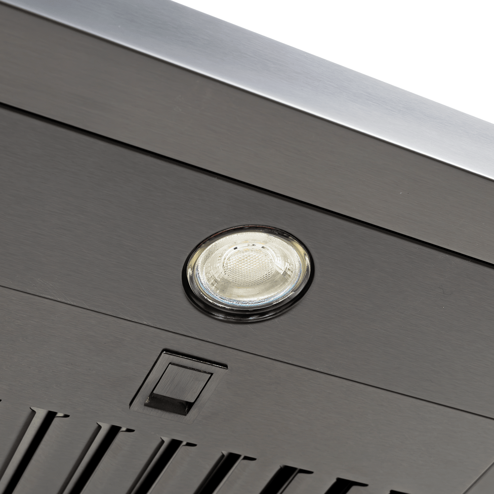 Close-up of light and switch on Proline PLJW 185 Slim Range Hood, Stainless Steel. ProlineRangeHoods.com.