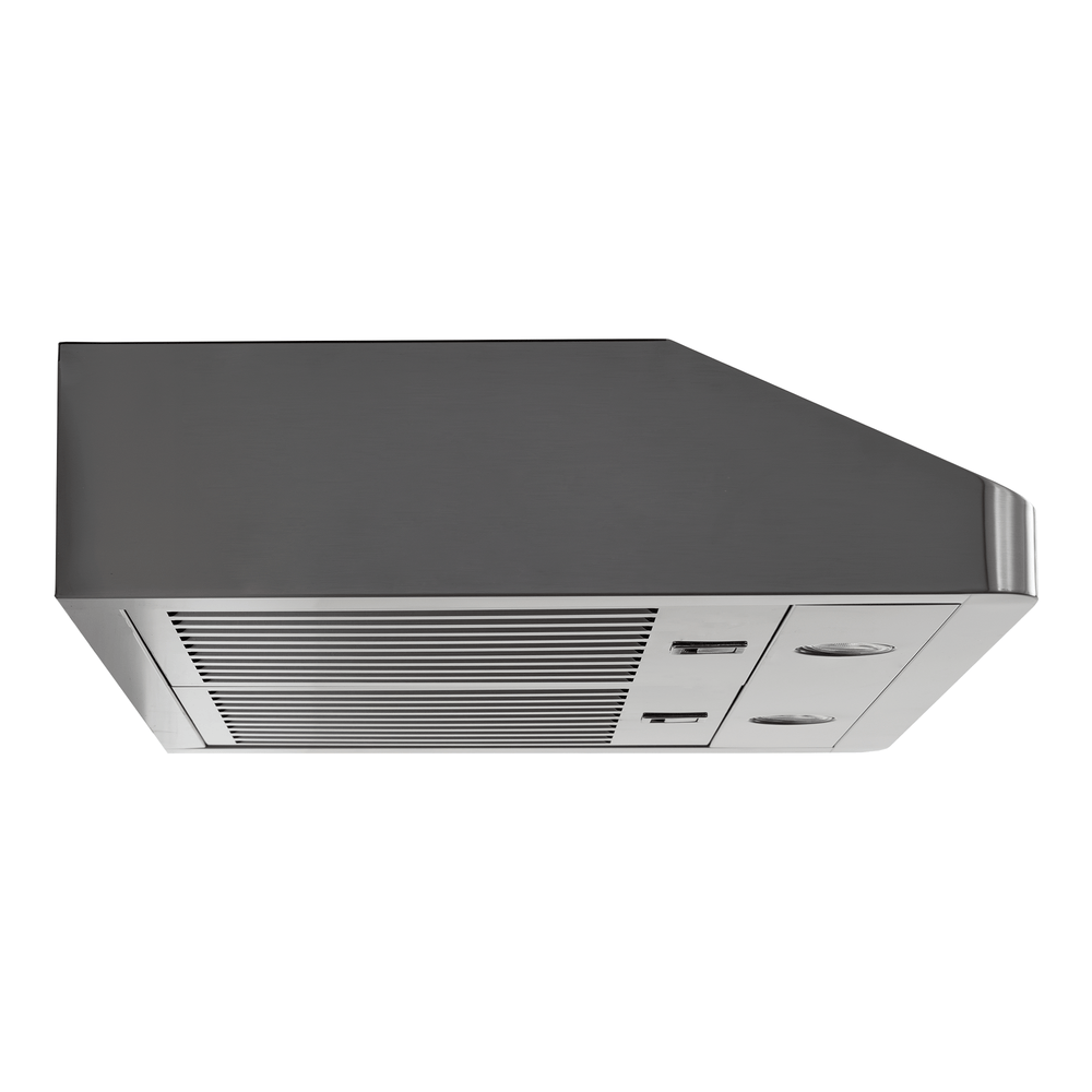 Proline PLJW 185 slim under-cabinet range hood, stainless steel, ductless option, shown from below. ProlineRangeHoods.com.
