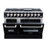 Proline PLSR 48GE matte black dual fuel range: 8 burners, griddle, dual ovens open to racks. ProlineRangeHoods.com.