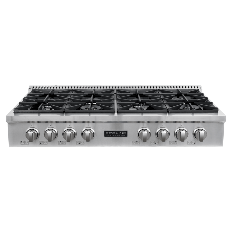 The Proline PLST 48" Gas Rangetop features 8 burners, front knobs, stainless finish. ProlineRangeHoods.com.