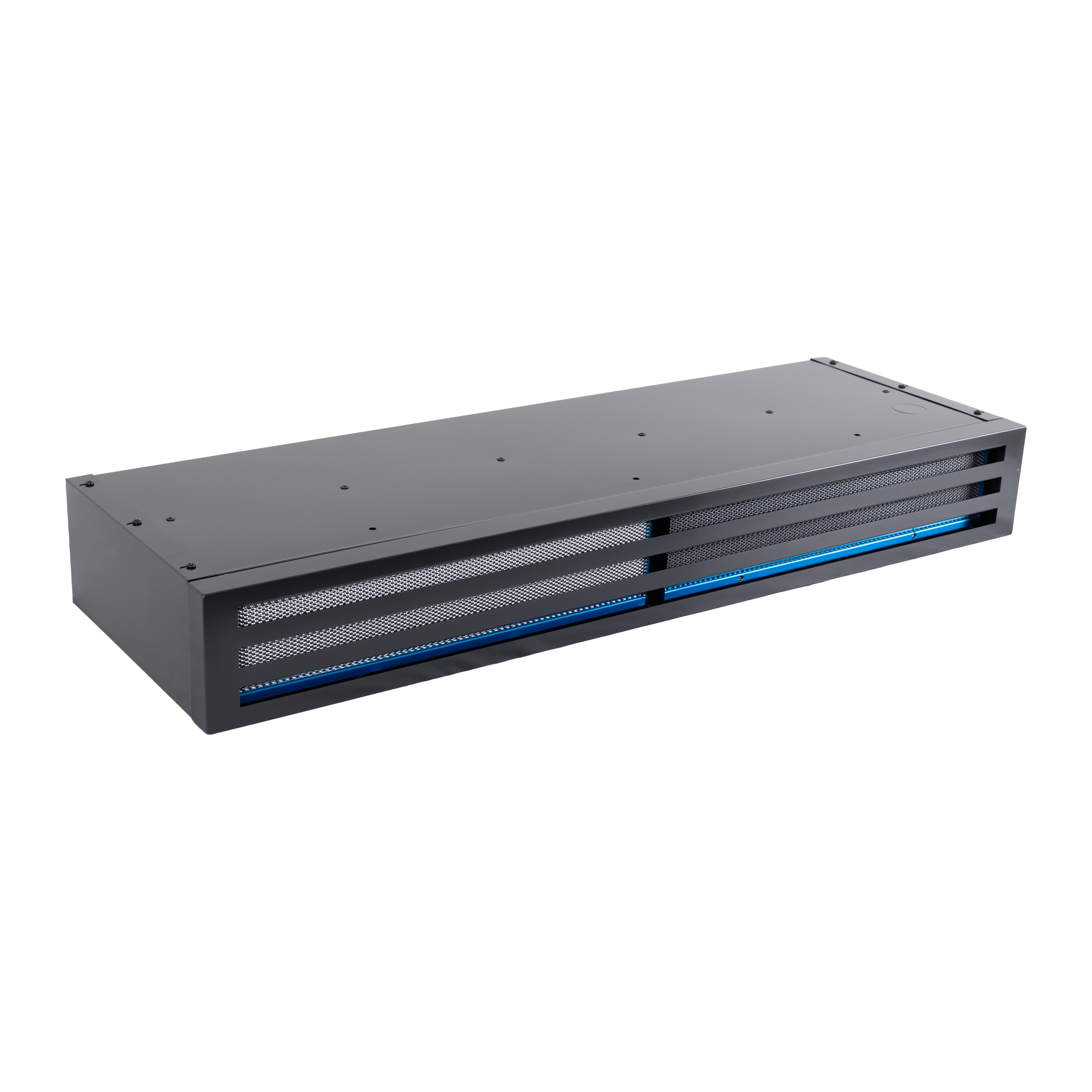 ProlineRangeHoods.com 36″ Black Stainless Recirculating Kit with mesh front, blue accent, and top screws.