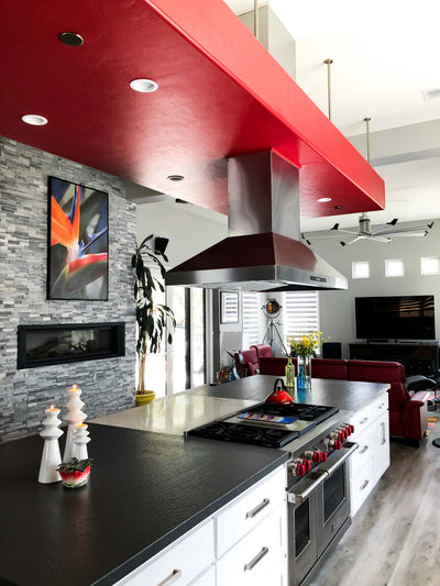 Customer kitchen with the Proline ProSI Ducted Island Range Hood, 900/1800 CFM | 430/304 Stainless Steel Finish