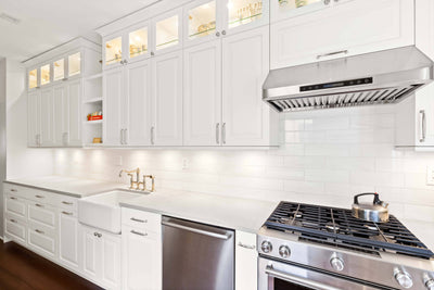 Customer kitchen with the Proline PLJW 113 - Under Cabinet Vent Hood, 900 CFM | Convertible to Ductless, Stainless Steel with Modern Control Panel