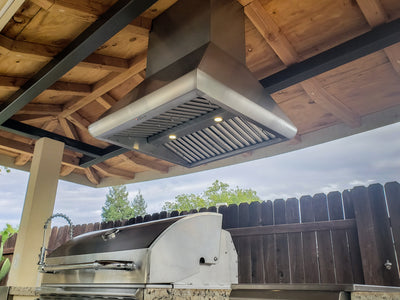 Customer kitchen with the Proline PLJI 109 - Ducted Island Range Hood, 1200 CFM | Stainless Steel Finish