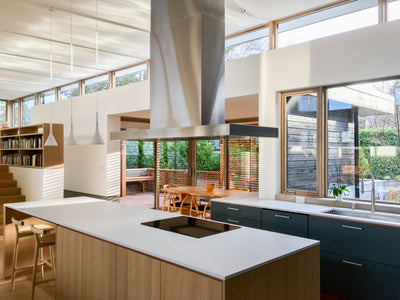 Customer kitchen with the Proline PLFI 750 - Island Range Hood, 1100 CFM | Stainless Steel Finish