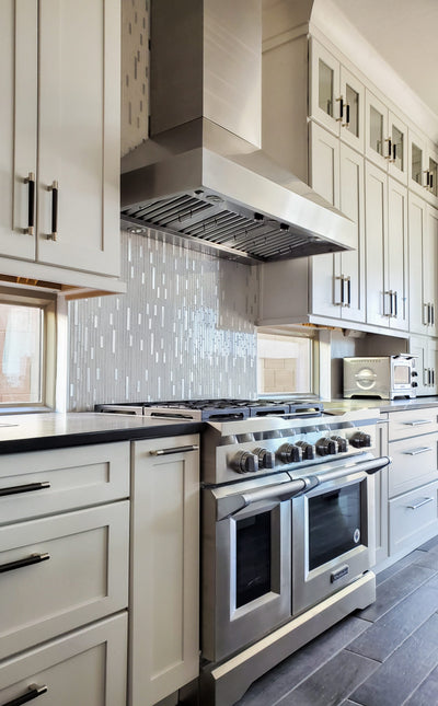 Customer kitchen with the Proline PLJW 104 - Wall-Mounted Range Hood, 1200 CFM | Stainless Steel, Outdoor Rated Finish Option
