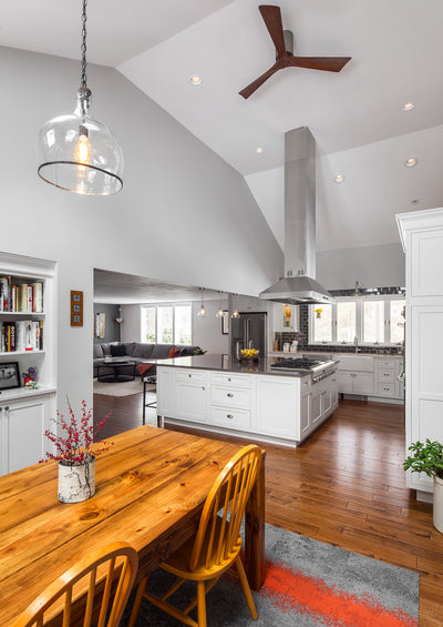 Customer kitchen with the Proline ProSI Ducted Island Range Hood, 900/1800 CFM | 430/304 Stainless Steel Finish