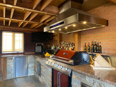 Customer kitchen with the Proline PLJI 102 - Island Range Hood, 1200 CFM | Stainless Steel, Outdoor Rated Finish Option