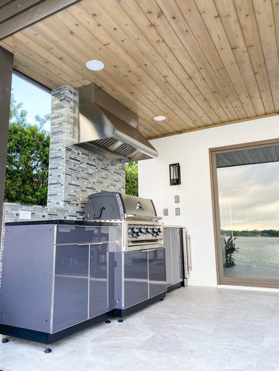 Customer kitchen with the Proline PLJW 109 - Wall-Mounted Range Hood, 1000/2000 CFM | Convertible to Ductless, Stainless Steel Finish, Outdoor Rated