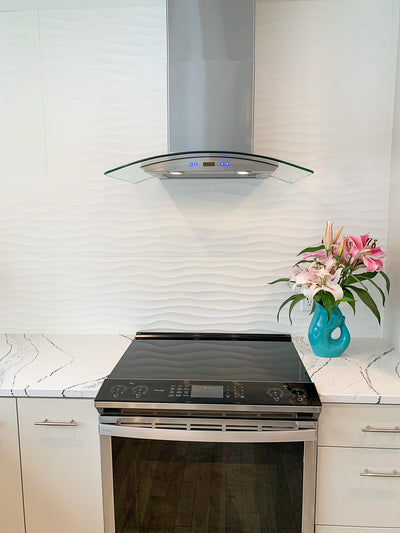 Customer kitchen with the Proline PLFW 544 - Wall-Mounted Range Hood, 600 CFM | Convertible to Ductless, Stainless Steel Finish
