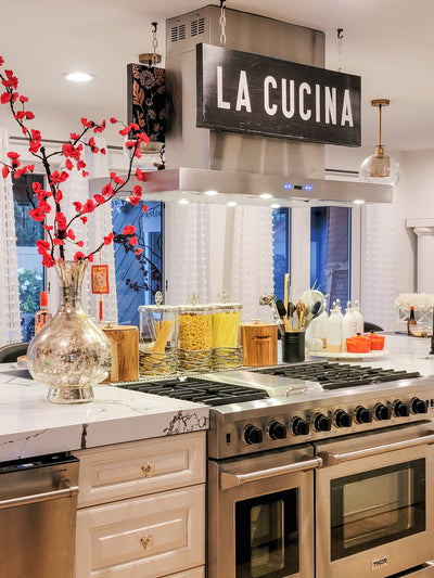 Customer kitchen with the Proline PLFI 750 - Island Range Hood, 1100 CFM | Stainless Steel Finish