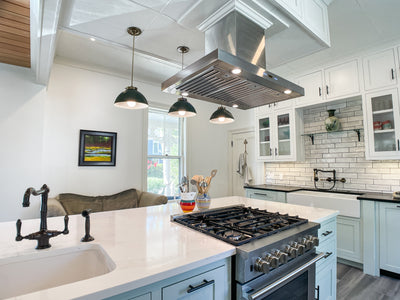 Customer kitchen with the Proline PLFI 750 - Island Range Hood, 1100 CFM | Stainless Steel Finish