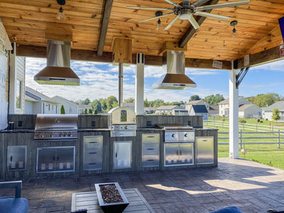 Customer kitchen with the Proline ProSI Ducted Island Range Hood, 900/1800 CFM | 430/304 Stainless Steel Finish