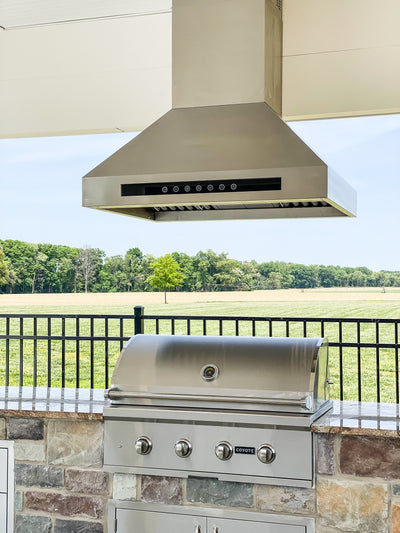 Customer kitchen with the Proline PLJI 102 - Island Range Hood, 1200 CFM | Stainless Steel, Outdoor Rated Finish Option