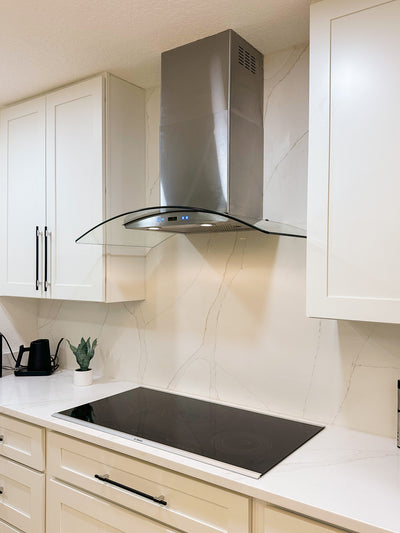 Customer kitchen with the Proline PLFW 544 - Wall-Mounted Range Hood, 600 CFM | Convertible to Ductless, Stainless Steel Finish