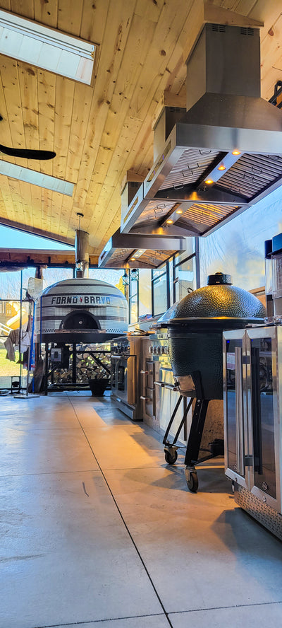 Customer kitchen with the Proline PLJI 102 - Island Range Hood, 1200 CFM | Stainless Steel, Outdoor Rated Finish Option