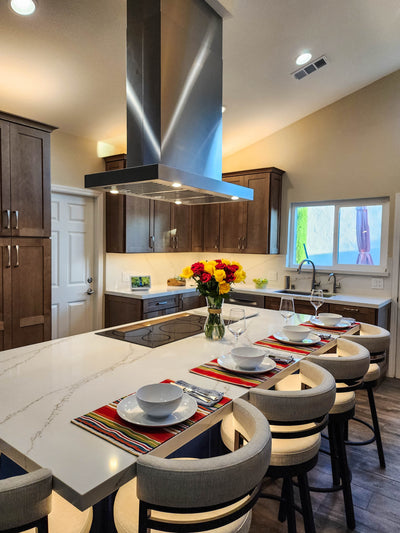 Customer kitchen with the Proline PLFI 750 - Island Range Hood, 1100 CFM | Stainless Steel Finish