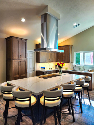Customer kitchen with the Proline PLFI 750 - Island Range Hood, 1100 CFM | Stainless Steel Finish