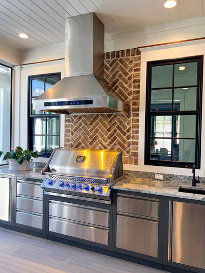 Customer kitchen with the Proline PLJI 102 - Island Range Hood, 1200 CFM | Stainless Steel, Outdoor Rated Finish Option