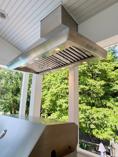 Customer kitchen with the Proline PLJI 109 - Ducted Island Range Hood, 1200 CFM | Stainless Steel Finish