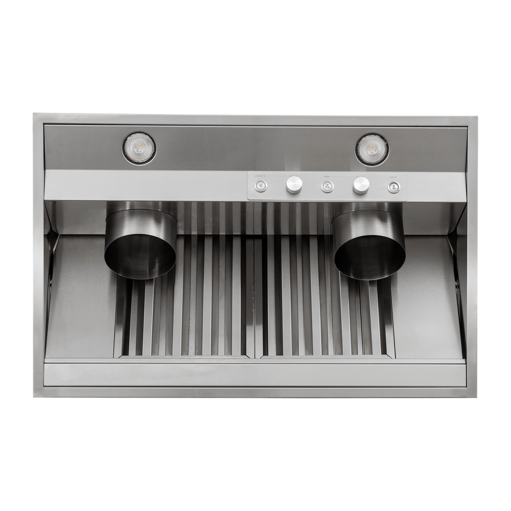 PLGL PROV Outdoor Range Hood Insert, 28"–58", 430/304 SS, dual vents, controls, lights—see ProlineRangeHoods.com.