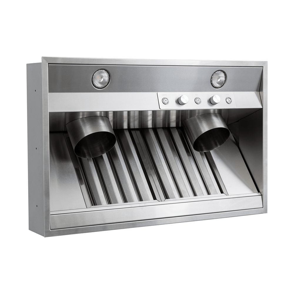 Proline PLGL PROV Outdoor Range Hood Insert (28"–58"), steel, vents, controls, lights. ProlineRangeHoods.com.