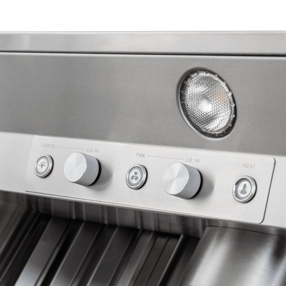 ProlineRangeHoods.com close-up: PLGL PROV Outdoor Range Hood control panel with knobs, buttons, built-in light.
