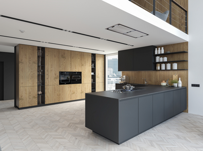 Customer kitchen with the Proline PLFI - 42-Inch Ceiling Flush Mount Range Hood, 1200 CFM | Stainless Steel Finish