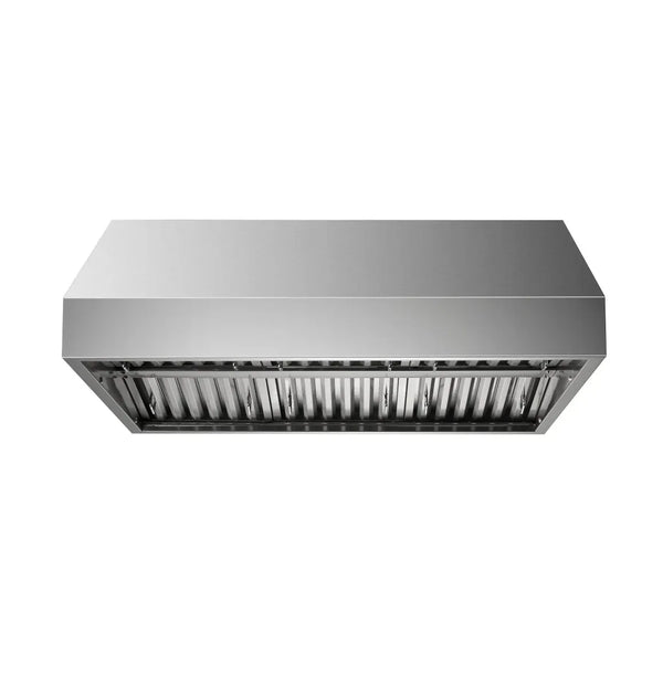 Stainless steel kitchen range hood with vent slats, viewed from below. ProlineRangeHoods.com, white background.