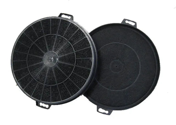 Two round Charcoal Filters for ductless conversion from ProlineRangeHoods.com, one upright and one lying flat, isolated on white.