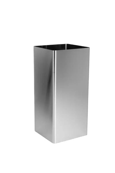 A metallic trash can mirrors the sleek design of ProlineRangeHoods.com Dual 24 Chimney Extension, ideal for modern spaces.