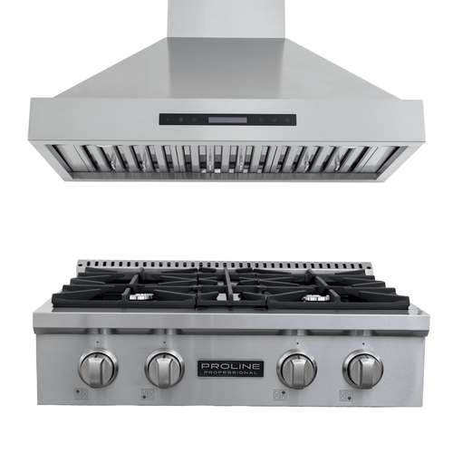 Save 10% at ProlineRangeHoods.com on the PLST 30" Gas Range & PLSW King Air 30" Hood bundle with easy control knobs.