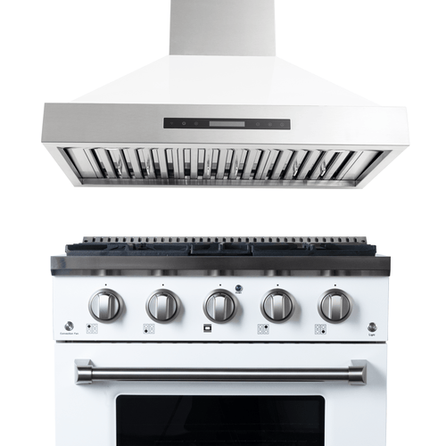 ProlineRangeHoods.com PLSR 30" All-Gas Range & PLSW King Air 30" Hood (Glossy White) bundle on white background.