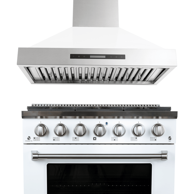 Sleek Proline PLSR 36" gas range & King Air hood in glossy white. Save 10% at ProlineRangeHoods.com.