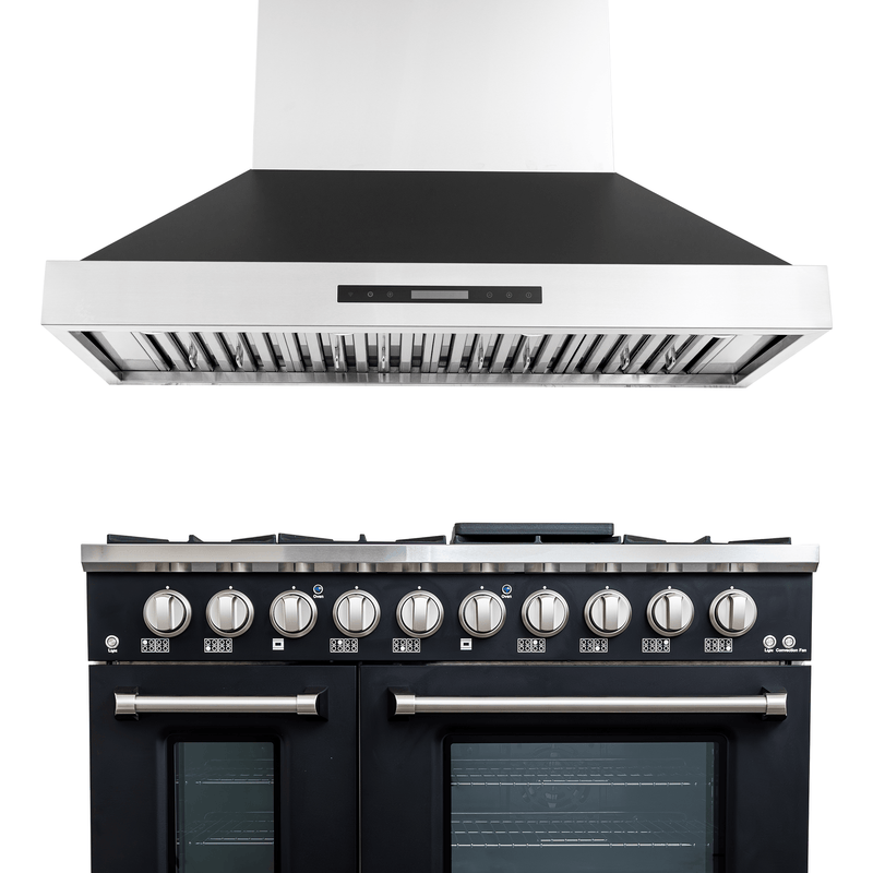 Proline PLSR 48" Dual Fuel Range & 48" PLSW King Air Hood in matte black bundle at ProlineRangeHoods.com—save 10%.