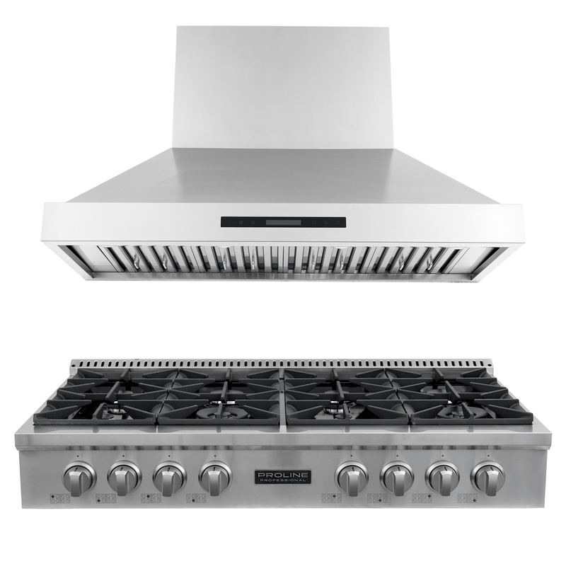 Save 10% on the Proline PLST 48" Gas Range & PLSW King Air Hood Bundle at ProlineRangeHoods.com—six burners, stainless steel.