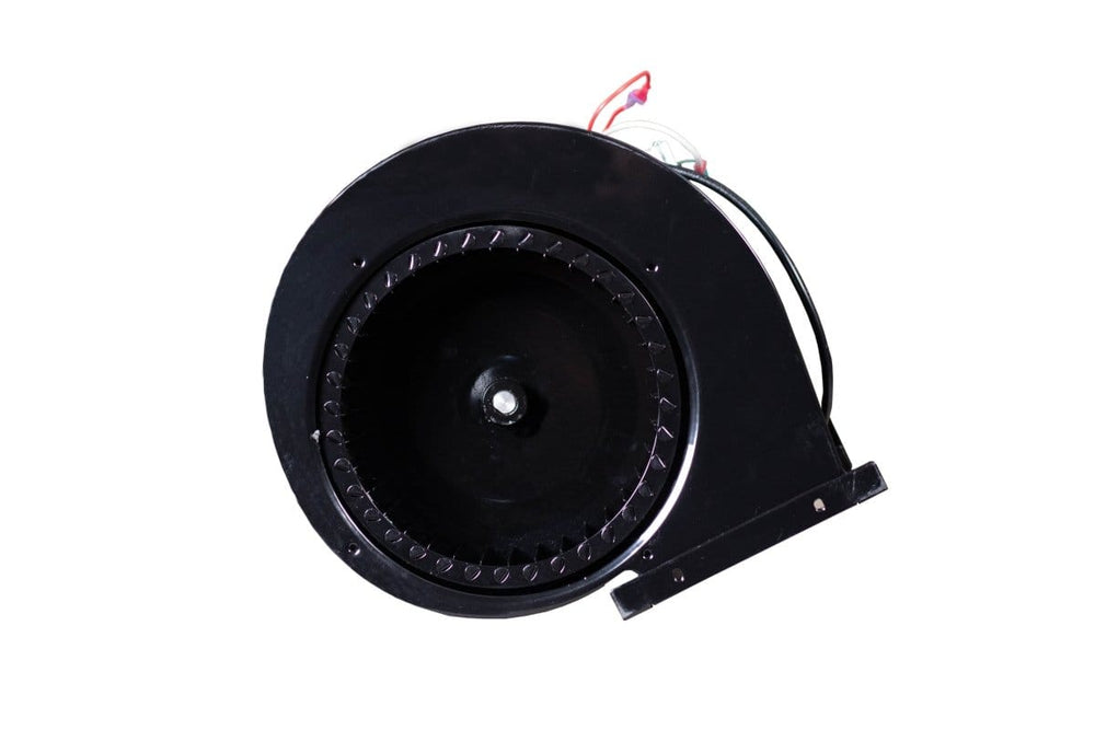 ProlineRangeHoods.com: High-Efficiency 1200 CFM Blower with black centrifugal motor and wiring on white background.