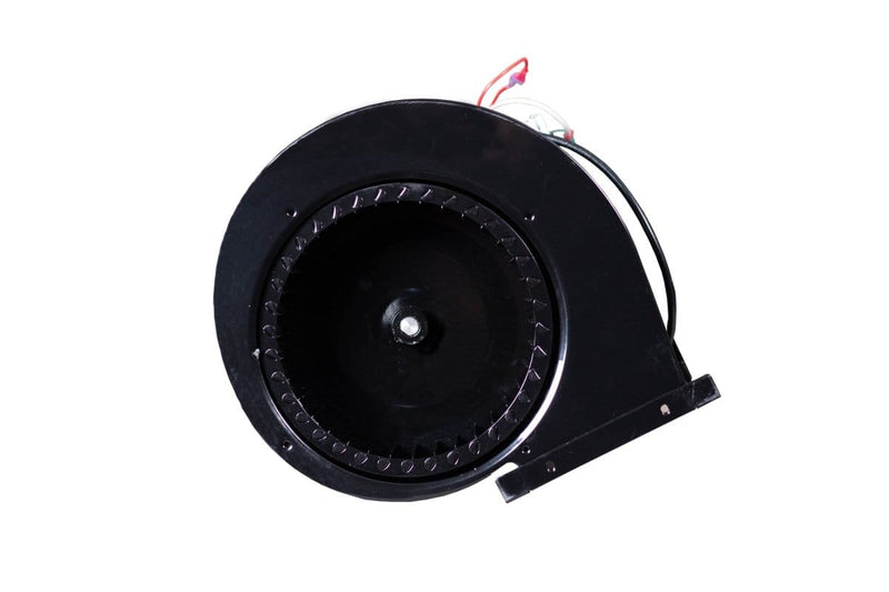 ProlineRangeHoods.com: High-Efficiency 1200 CFM Blower with black centrifugal motor and wiring on white background.